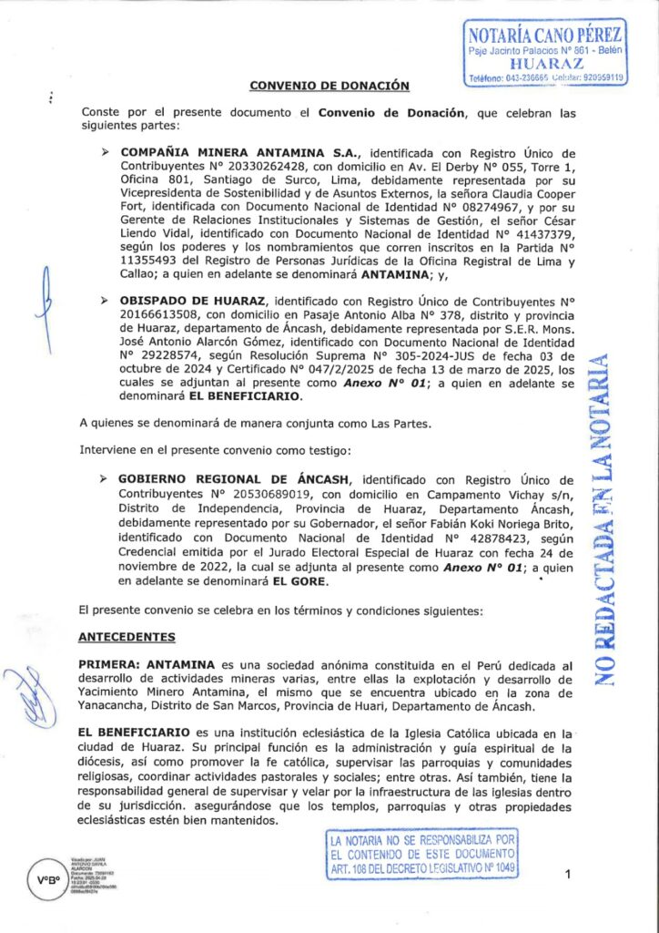Convenio Antamina GORE Ancash para Catedral Huaraz