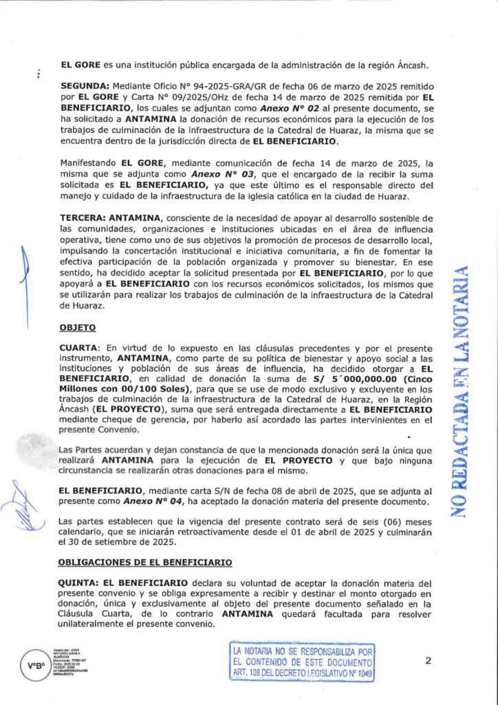 Convenio Antamina GORE Ancash para Catedral Huaraz