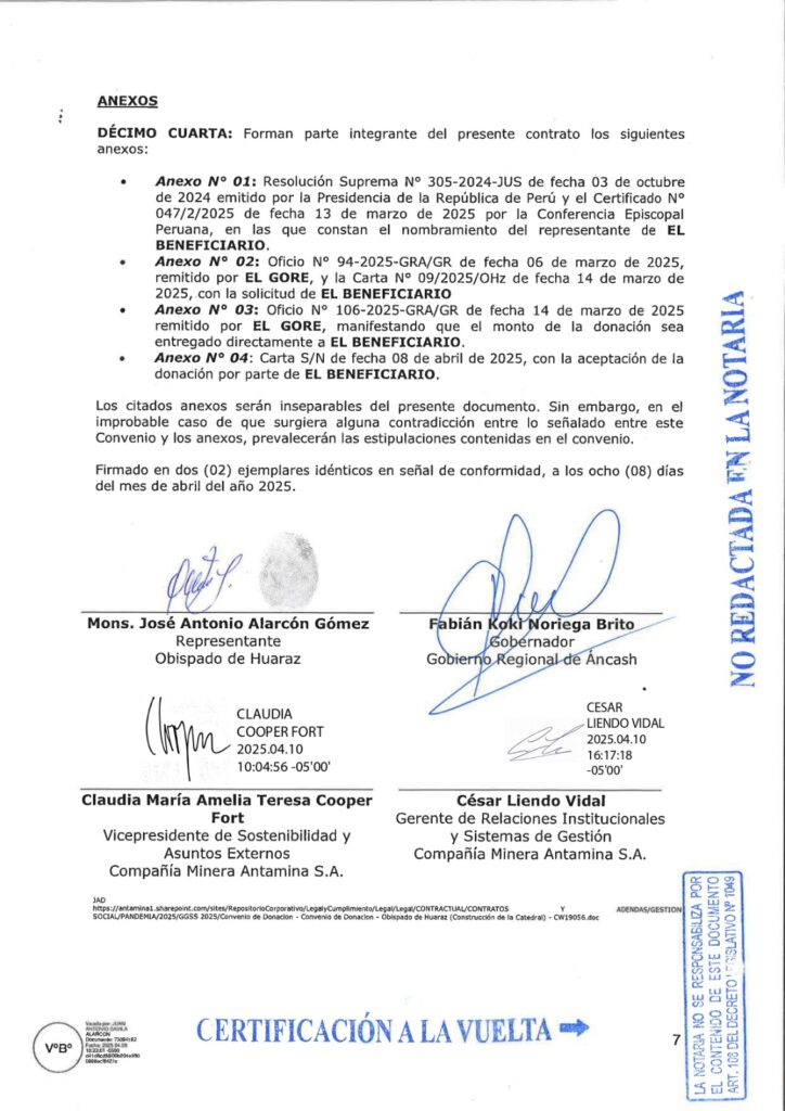 Convenio Antamina GORE Ancash para Catedral Huaraz