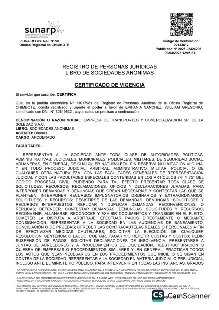 vigencia poder Transportes Comercialización Señor Soledad