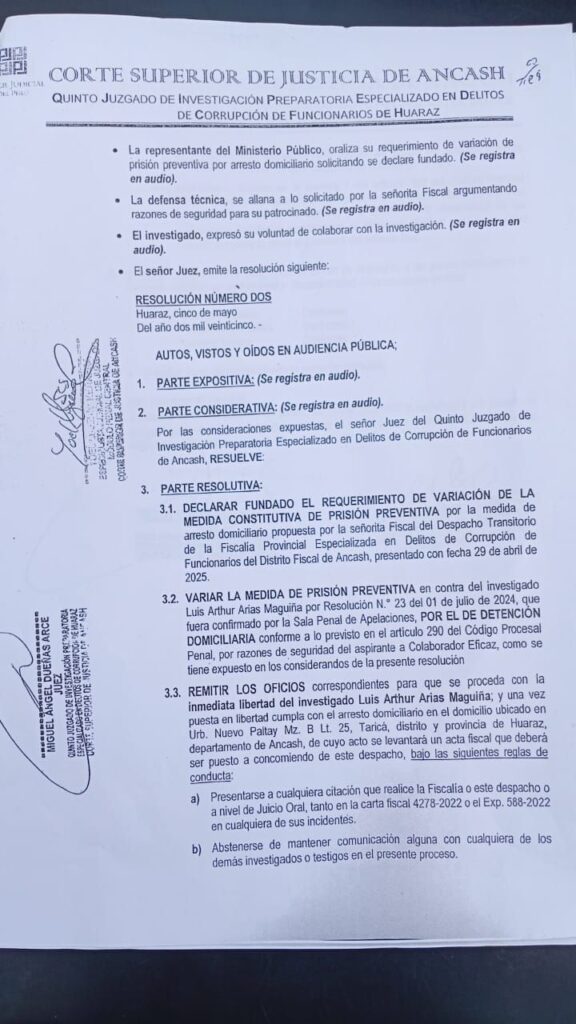acta audiencia caso Luis Arias