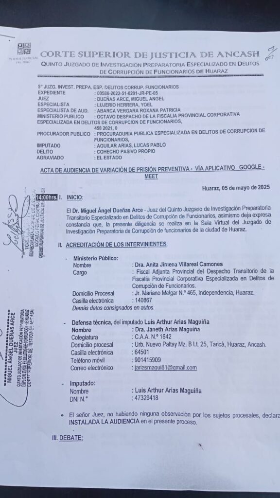 acta audiencia caso Luis Arias