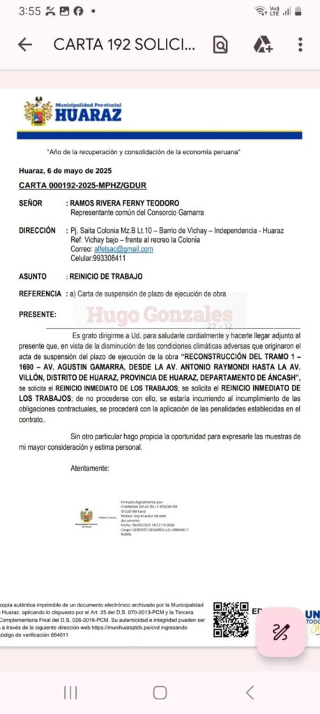 Reinicio trabajo consorcio Gamarra 