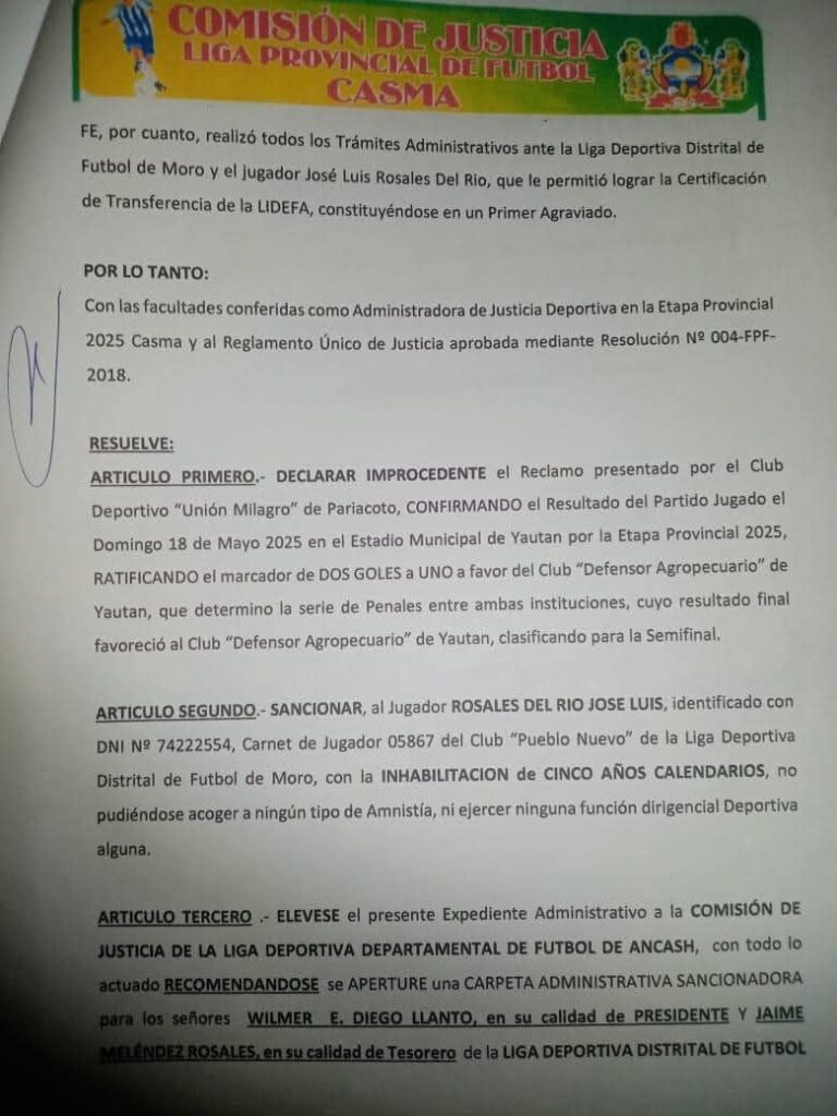 Dan por ganador a club infractor a pesar de reconocer falta grave liga Casma