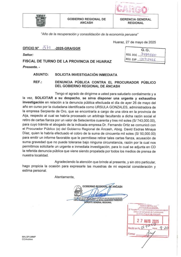 Alta dirección del GRA solicitó a la Procuraduría General del Estado una sumaria investigación y separación inmediata del procurador regional de Ancash