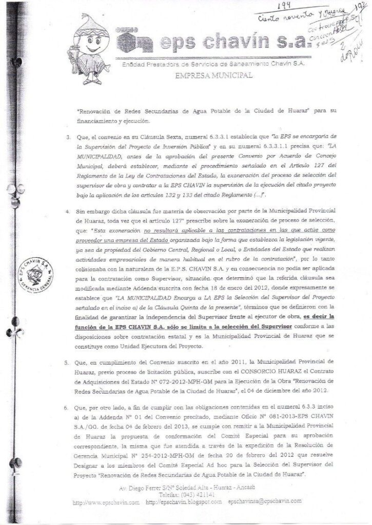 Oficio 597 2014 EPS Chavin Caso Consorcio Huaraz