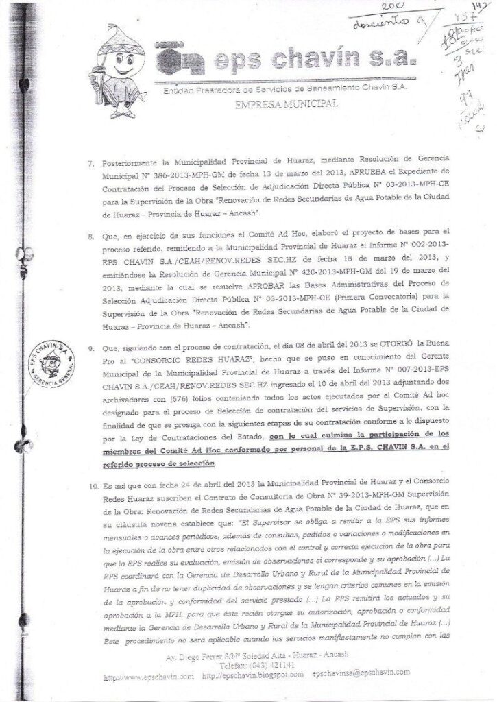 Oficio 597 2014 EPS Chavin Caso Consorcio Huaraz