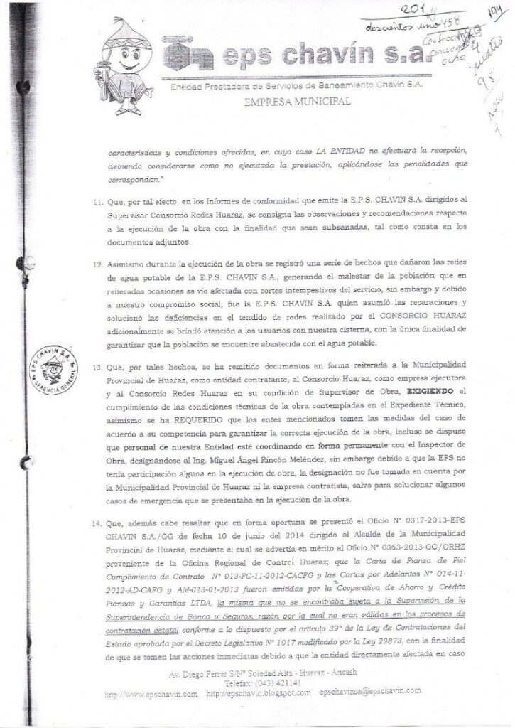 Oficio 597 2014 EPS Chavin Caso Consorcio Huaraz
