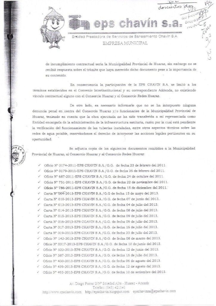 Oficio 597 2014 EPS Chavin Caso Consorcio Huaraz