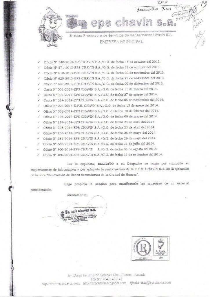 Oficio 597 2014 EPS Chavin Caso Consorcio Huaraz