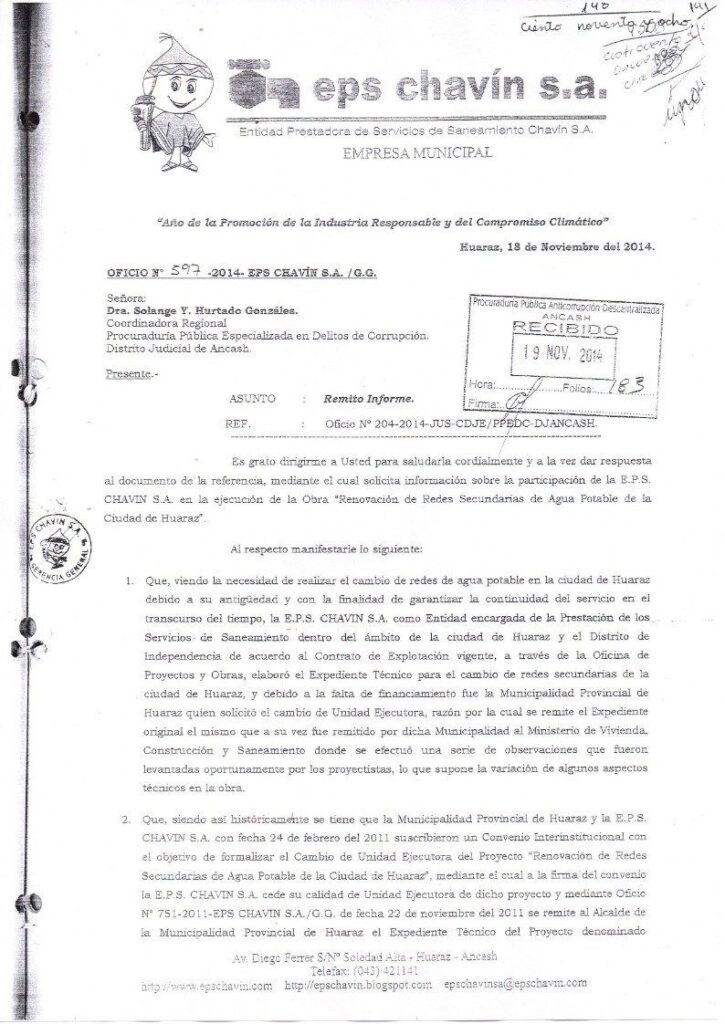 Oficio 597 2014 EPS Chavin Caso Consorcio Huaraz