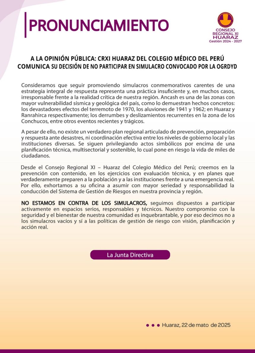 Pronunciamiento Consejo Regional XI Huaraz del Colegio Médico del Perú