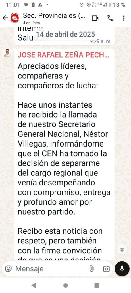 Dirigencia nacional de partido Ahora Nación removió a secretario regional Ancash Rafael Zeña