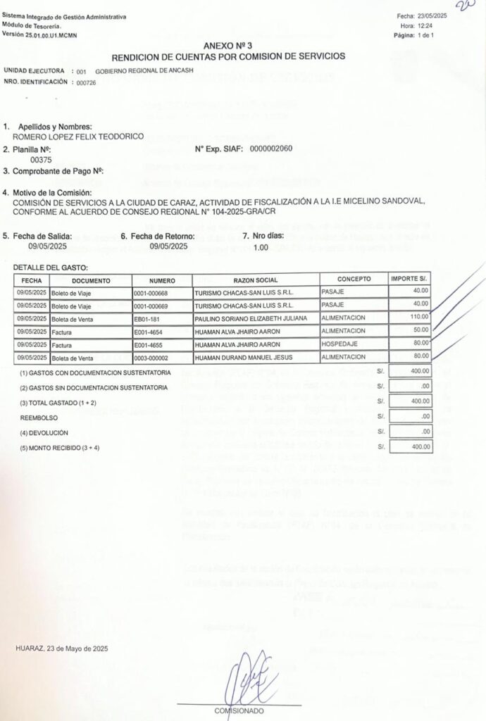 Consejero por Asunción rindió cuentas con boletas de viaje a nombre de empresa que no prestaría servicios a la ciudad de Caraz