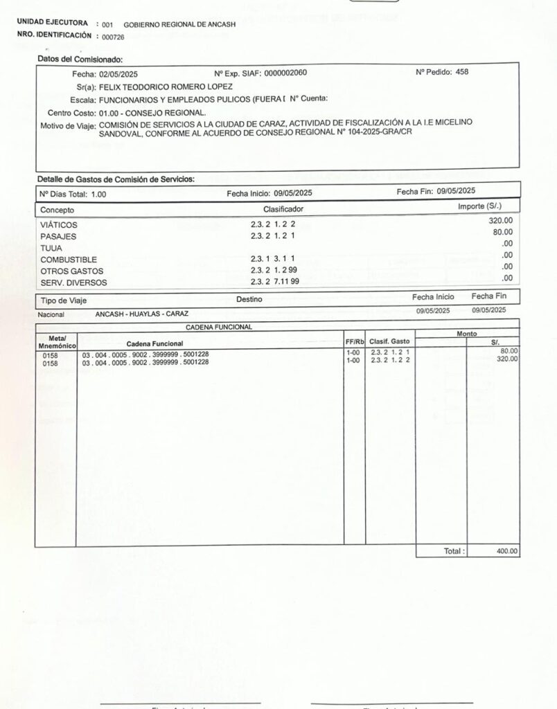 Consejero por Asunción rindió cuentas con boletas de viaje a nombre de empresa que no prestaría servicios a la ciudad de Caraz