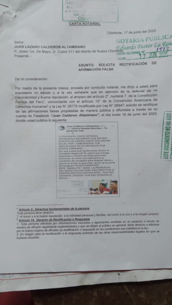 carta notarial al activista social Juan Calderón Altamirano
