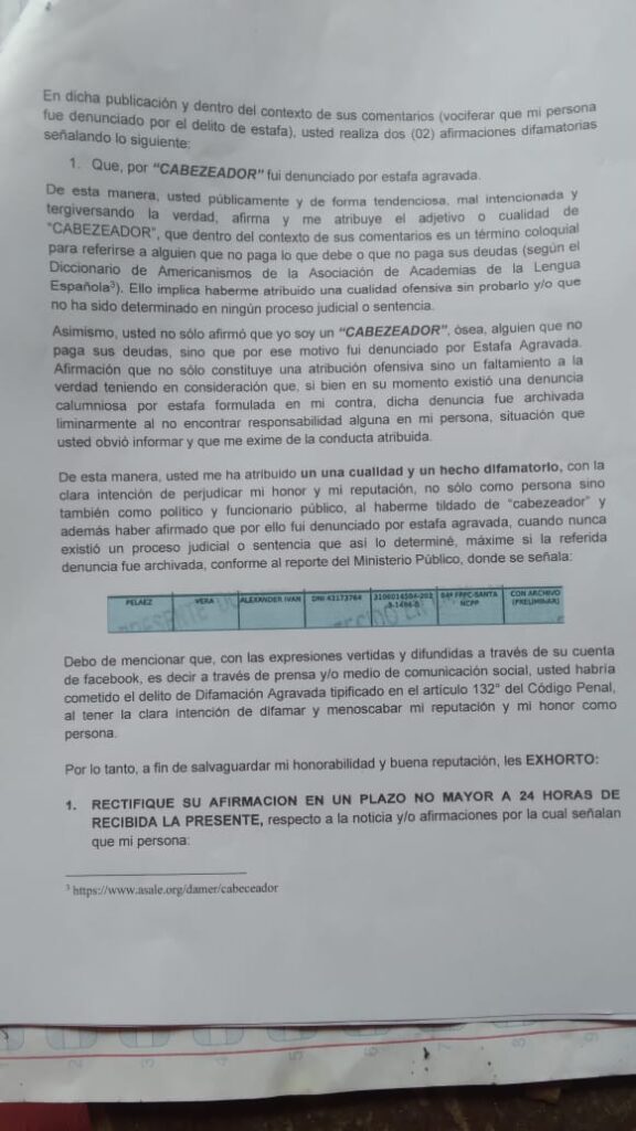 carta notarial al activista social Juan Calderón Altamirano