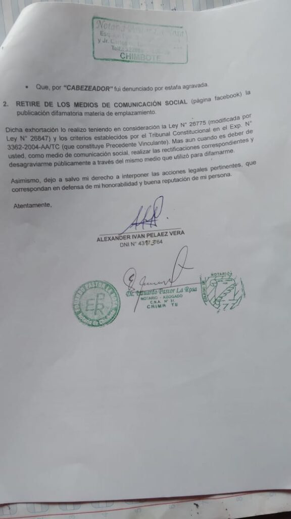 carta notarial al activista social Juan Calderón Altamirano