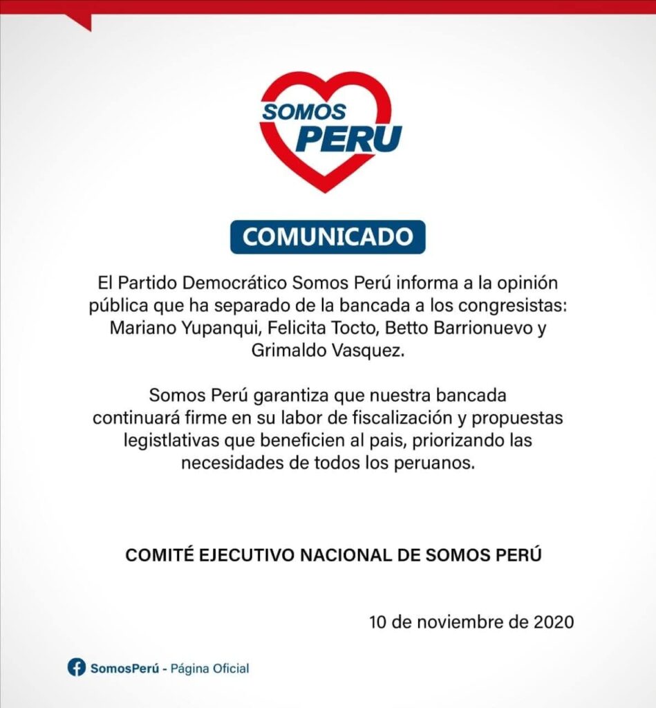 Betto Barrionuevo expulsado de Somos Perú por votar a favor de la vacancia de Martín Vizcarra