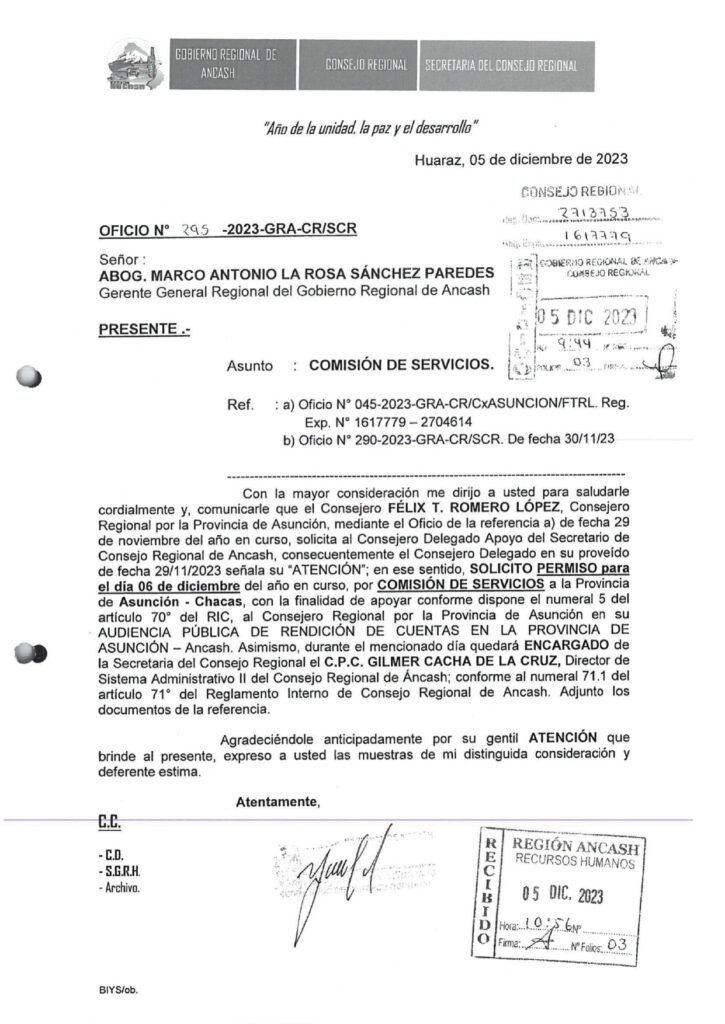 Consejero por la provincia de Asunción, dispuso de vehículo y del secretario del Consejero Regional (con viáticos), para audiencia de rendición de cuentas.