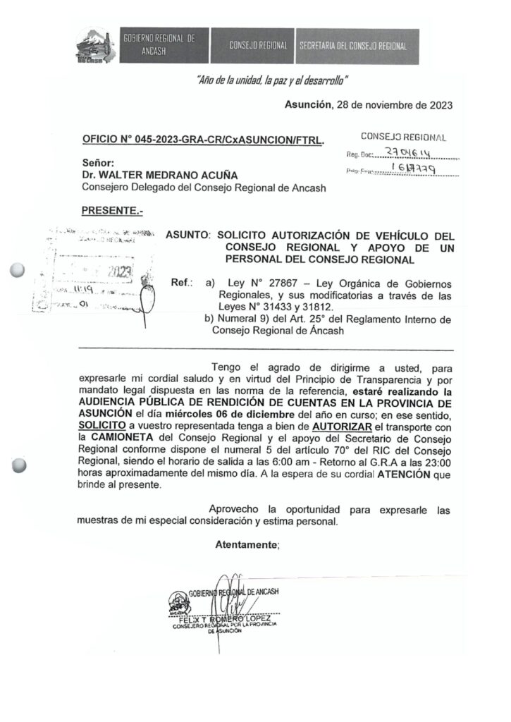 Consejero por la provincia de Asunción, dispuso de vehículo y del secretario del Consejero Regional (con viáticos), para audiencia de rendición de cuentas.