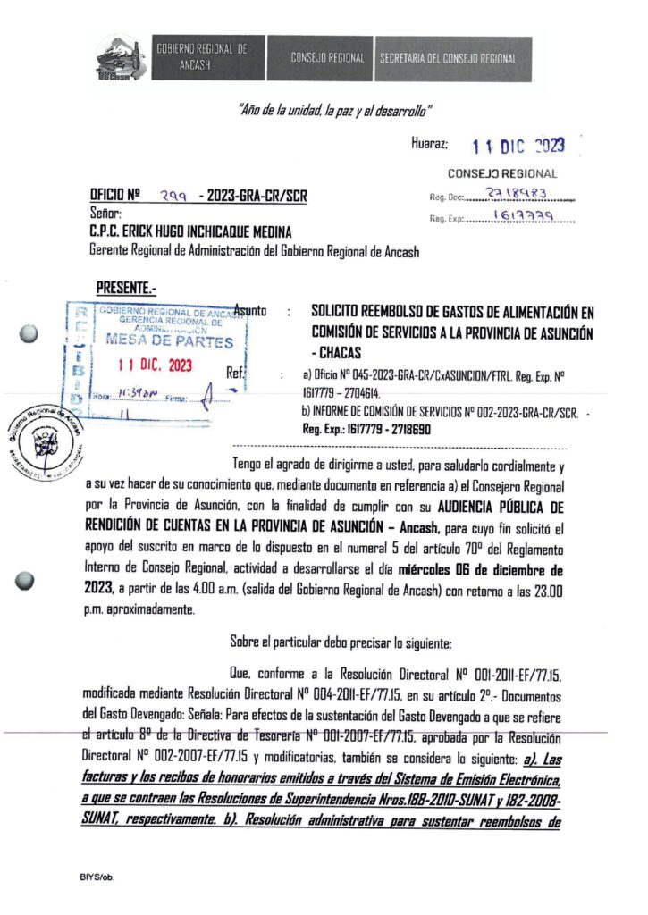 Consejero por la provincia de Asunción, dispuso de vehículo y del secretario del Consejero Regional (con viáticos), para audiencia de rendición de cuentas.