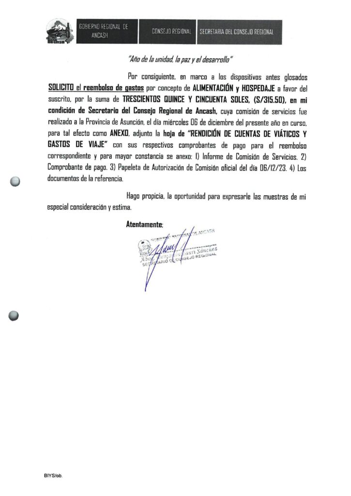 Consejero por la provincia de Asunción, dispuso de vehículo y del secretario del Consejero Regional (con viáticos), para audiencia de rendición de cuentas.