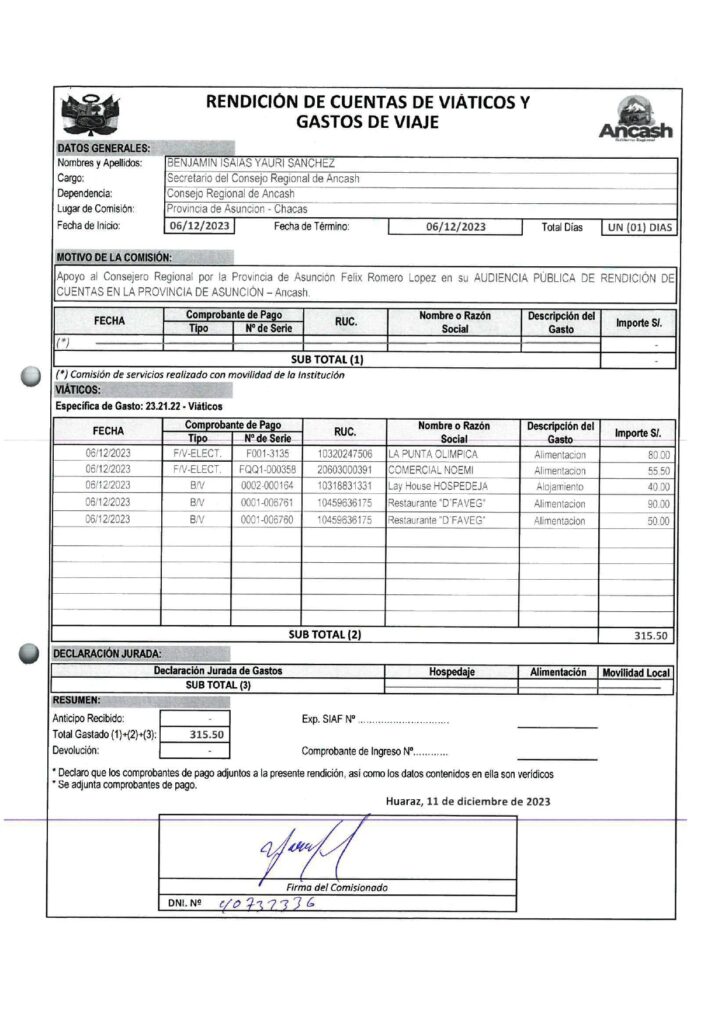 Consejero por la provincia de Asunción, dispuso de vehículo y del secretario del Consejero Regional (con viáticos), para audiencia de rendición de cuentas.
