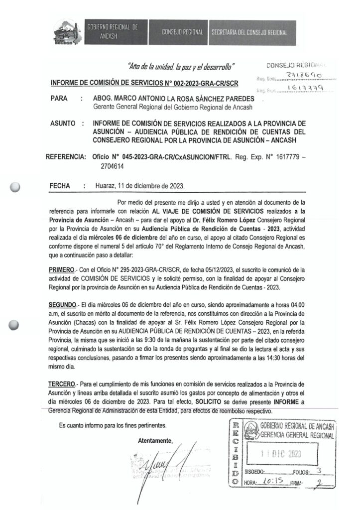 Consejero por la provincia de Asunción, dispuso de vehículo y del secretario del Consejero Regional (con viáticos), para audiencia de rendición de cuentas.