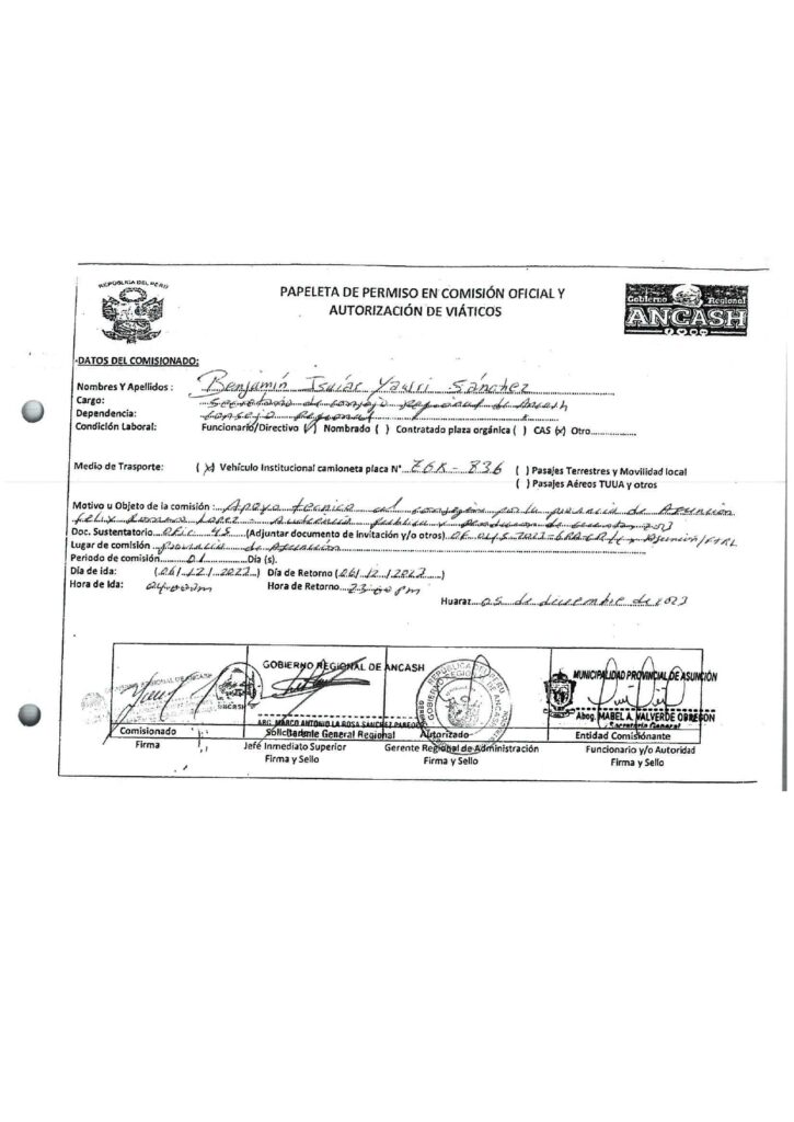 Consejero por la provincia de Asunción, dispuso de vehículo y del secretario del Consejero Regional (con viáticos), para audiencia de rendición de cuentas.