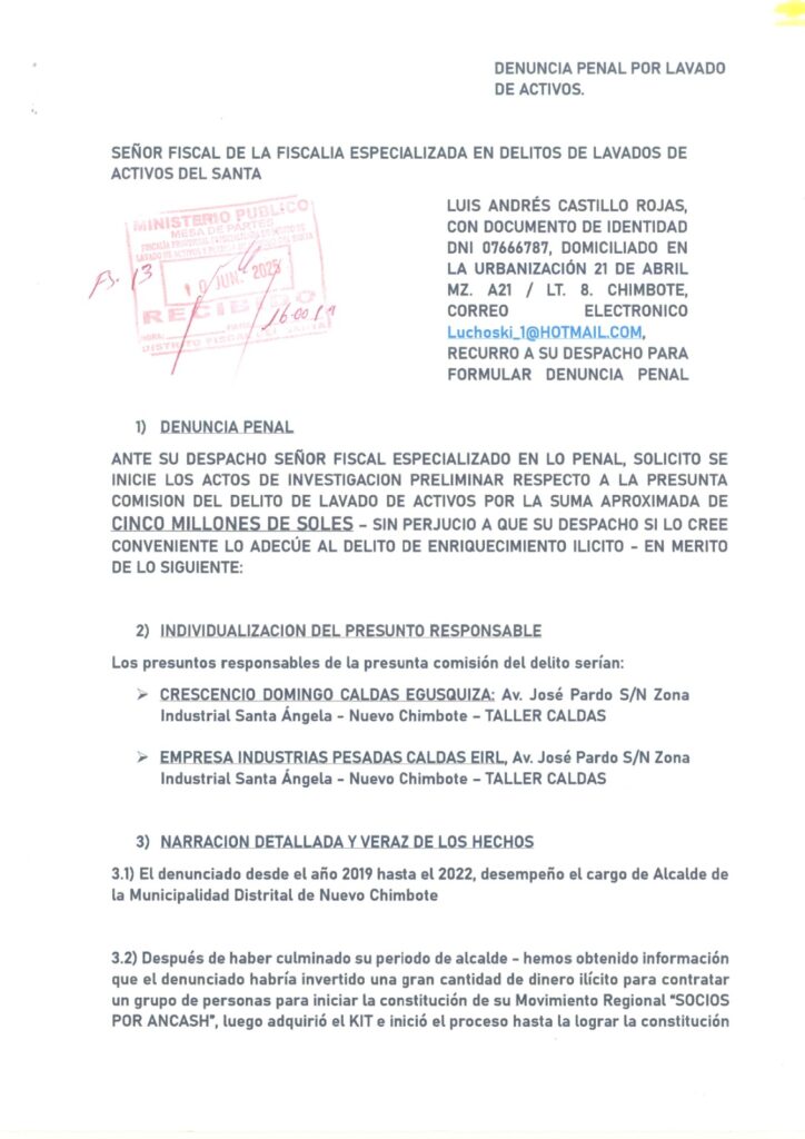 denuncia contra Socio Caldas