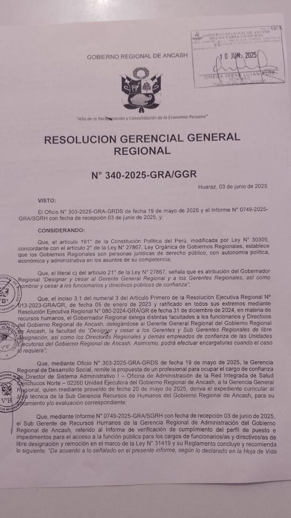 Resolución Gerencia General Regional de Ancash N° 340-2025 administrador a Francisco Torres Cadillo