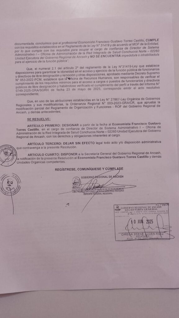 Resolución Gerencia General Regional de Ancash N° 340-2025 administrador a Francisco Torres Cadillo