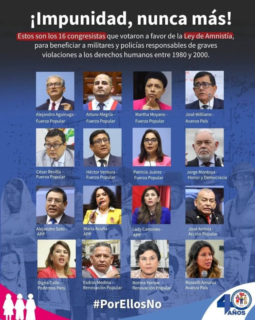 16 congresistas, entre ellos la ancashina Lady Camones, votaron a favor de la Ley de Amnistía para beneficiar a militares y policías responsables de graves violaciones a los derechos humanos entre 1980 y 2000