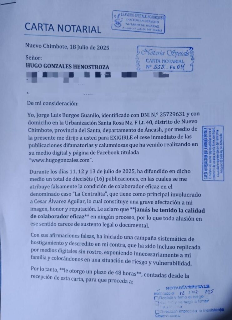 Carta Notarial de Jorge Burgos contra Hugo Gonzales