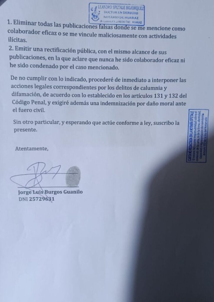 Carta Notarial de Jorge Burgos contra Hugo Gonzales