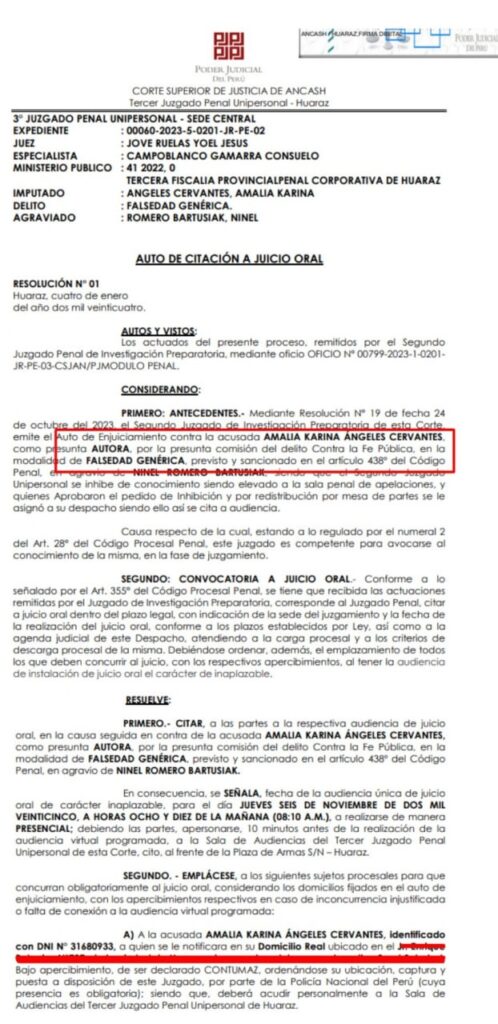 citacion juicio oral contra Amalia Karina Ángeles Cervantes