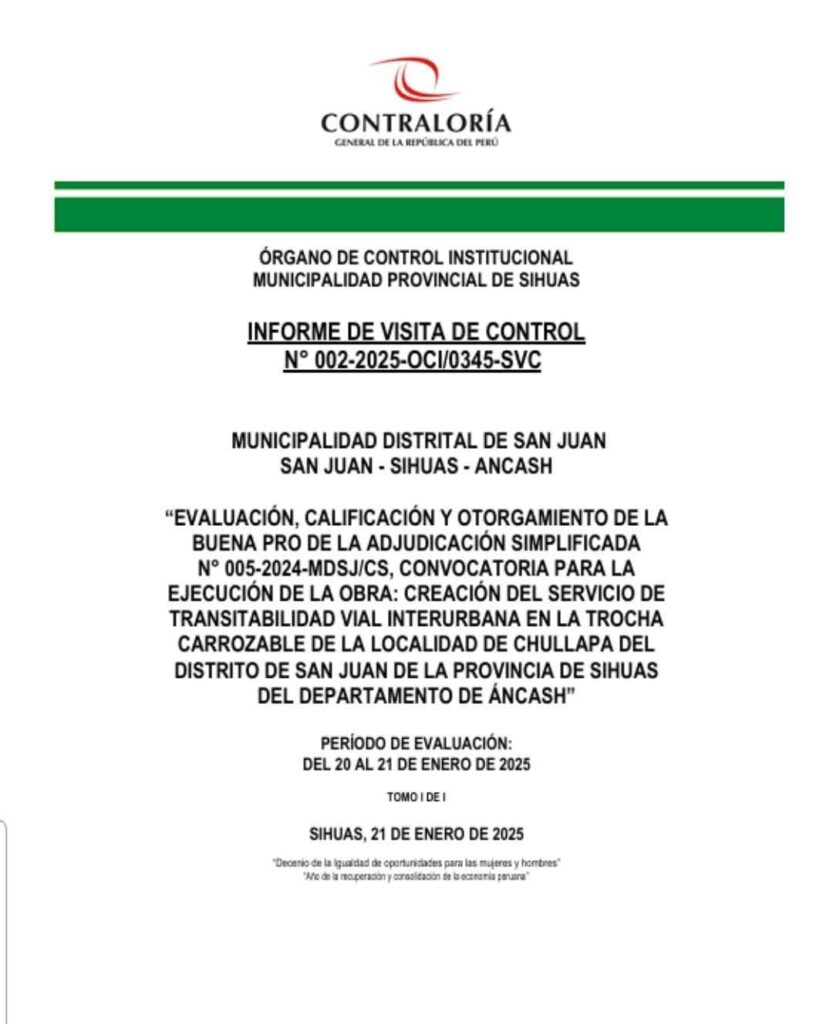 Contraloría detecta graves irregularidades en adjudicación de obra vial en San Juan-Sihuas
