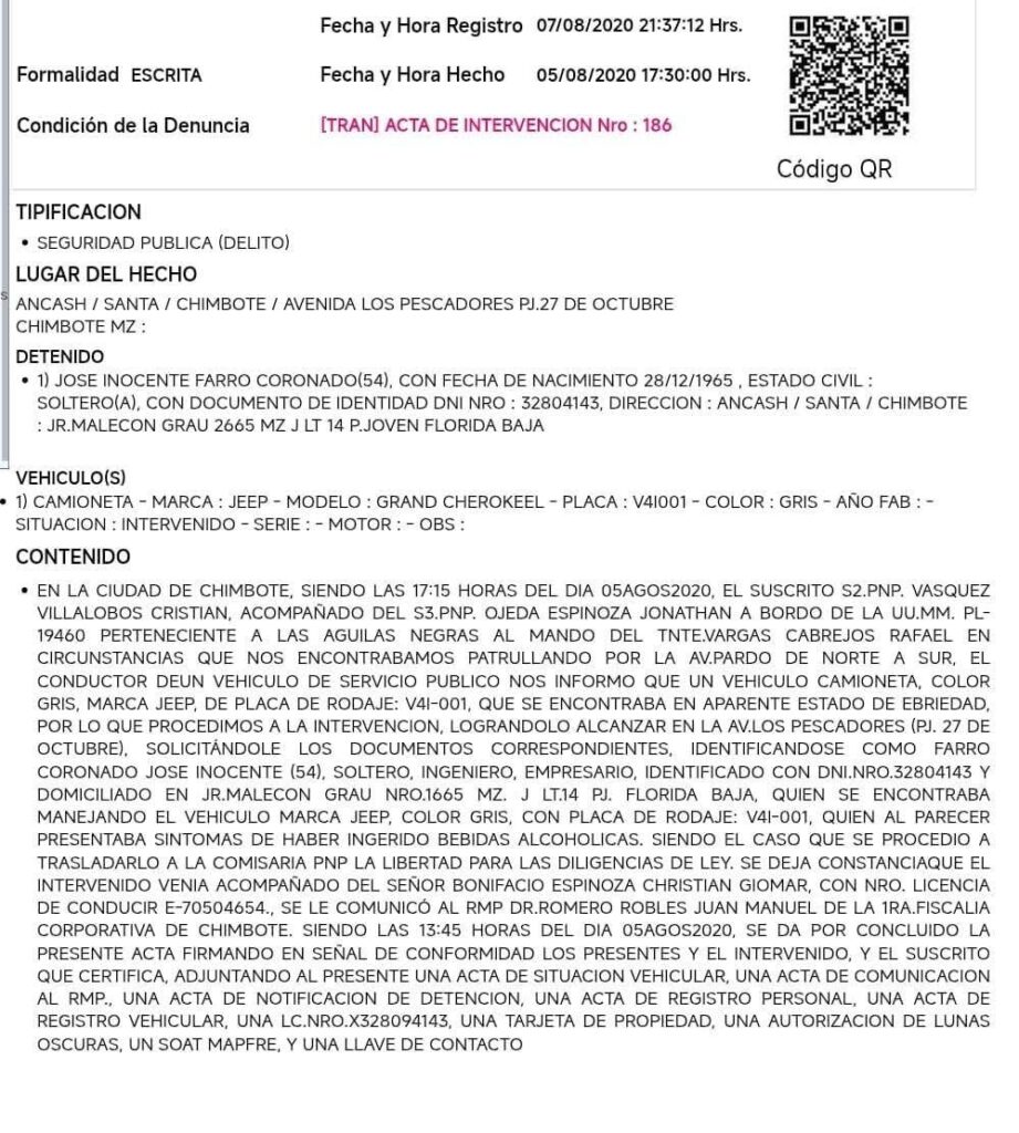 José Farro Coronado, registra dos papeletas vigentes por faltas graves.