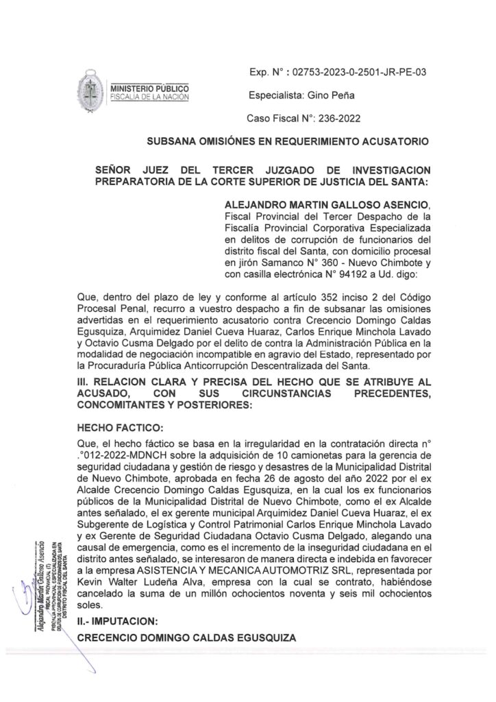 MP subsana omisiones y solicita 5 años y 4 meses de cárcel efectiva contra precandidato a municipio provincial del Santa por Somos Perú