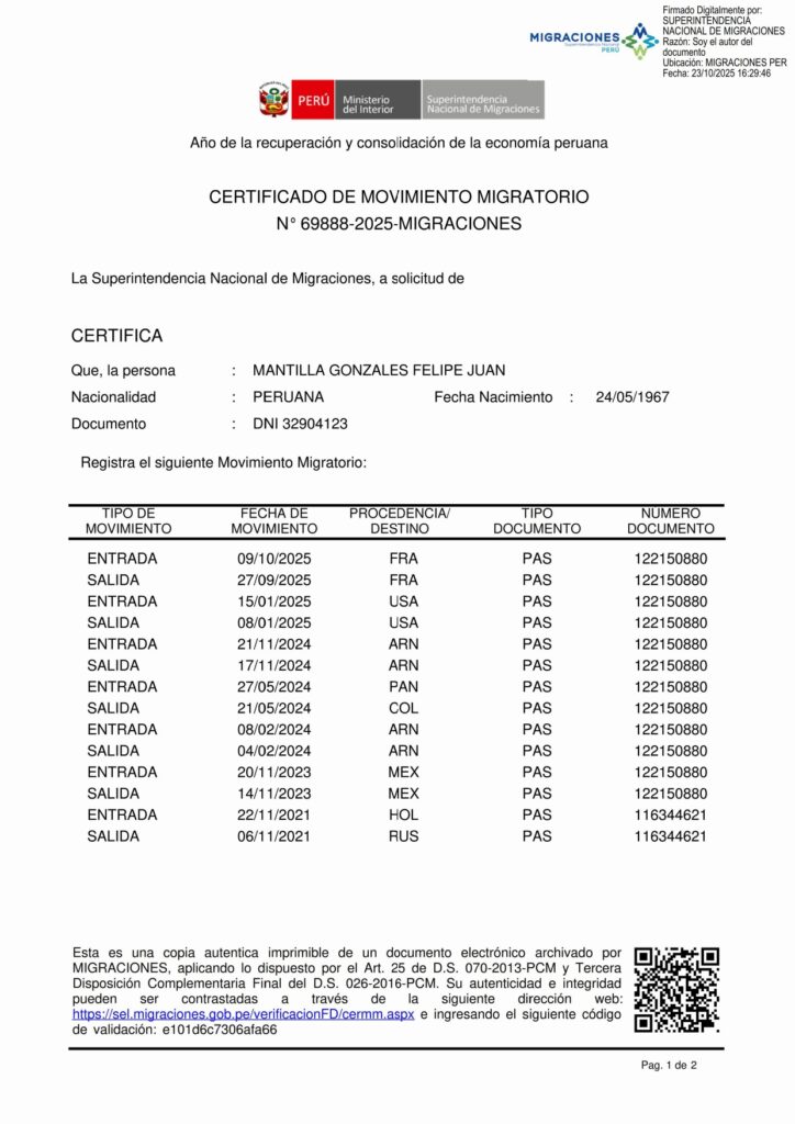certificado migratorio Felipe Mantilla