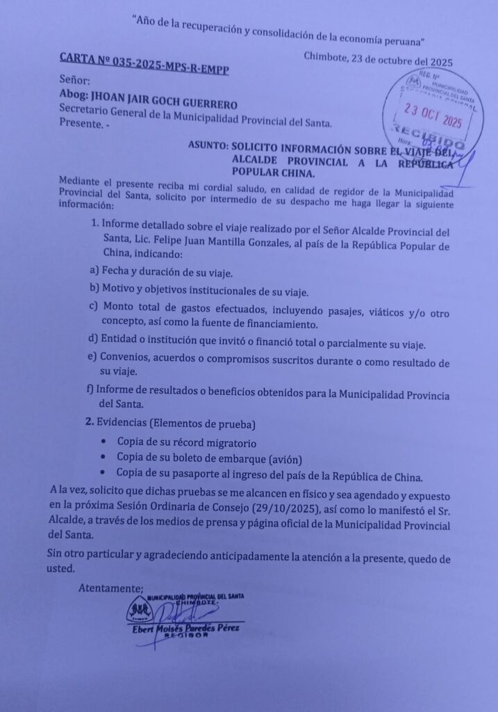 Exigen a alcalde de Chimbote aclarar viaje a China con su esposa y un colaborador