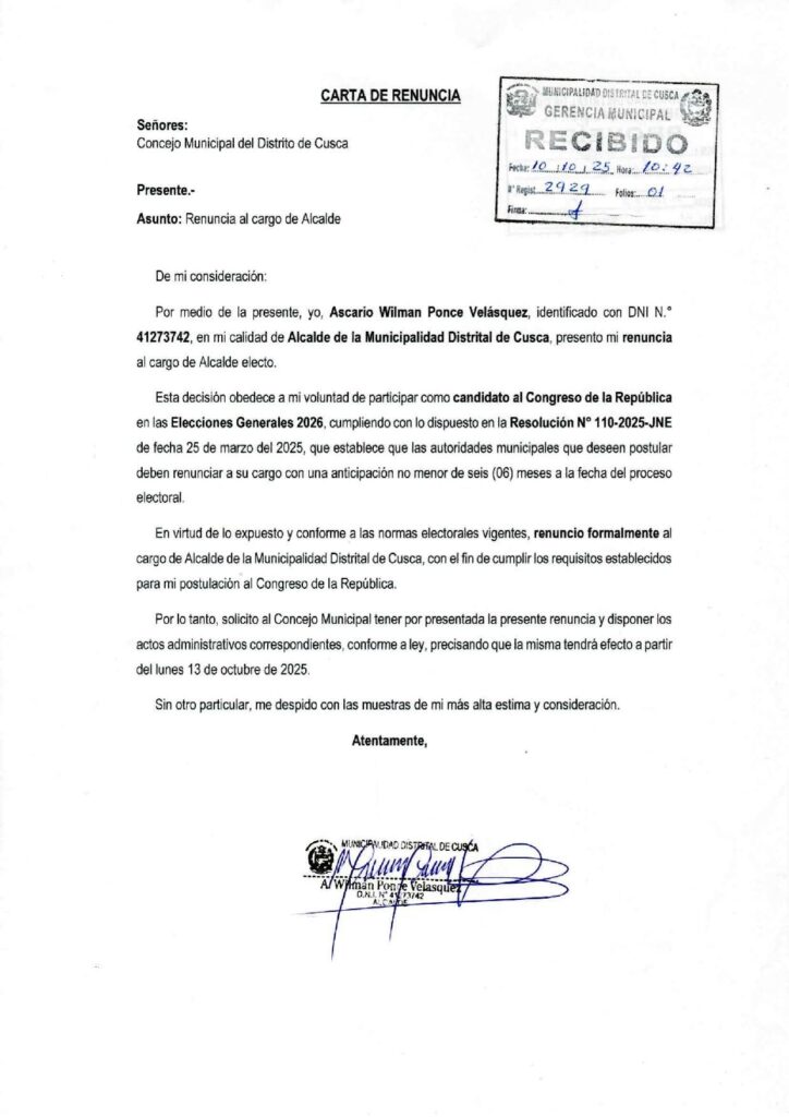 Willy Ponce renunció alcaldía de Cusca