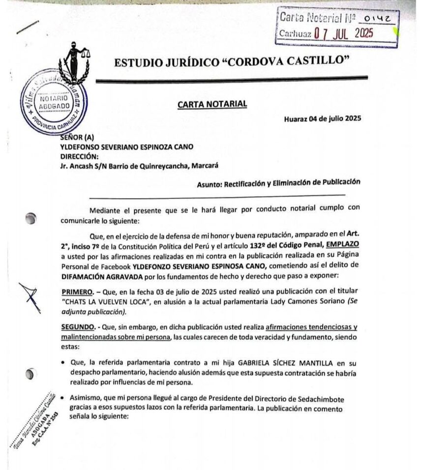 carta notarial contra Yldefonso Espinoza