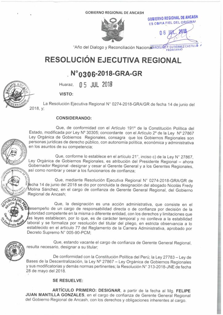 Resolución Ejecutiva Regional N° 0306-2018-GRA-G