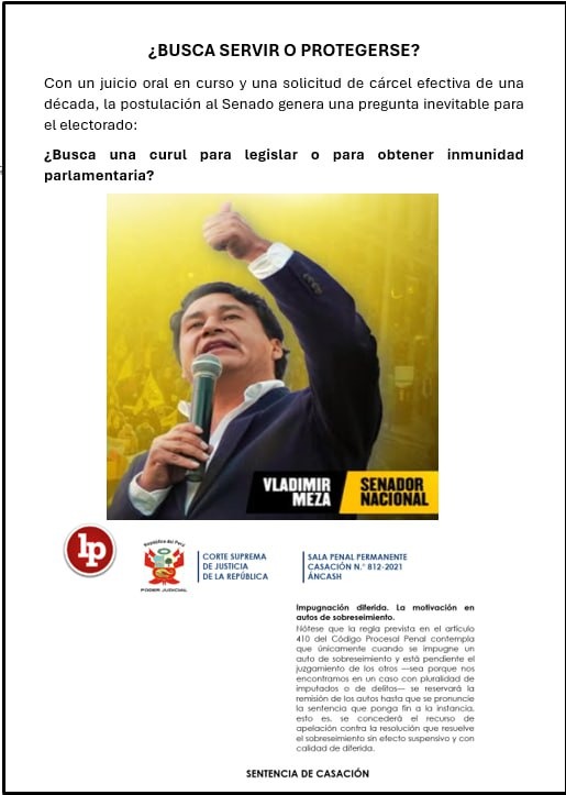 Pide votos para el Senado mientras Fiscalía pide 10 años de cárcel efectiva para vladimir meza