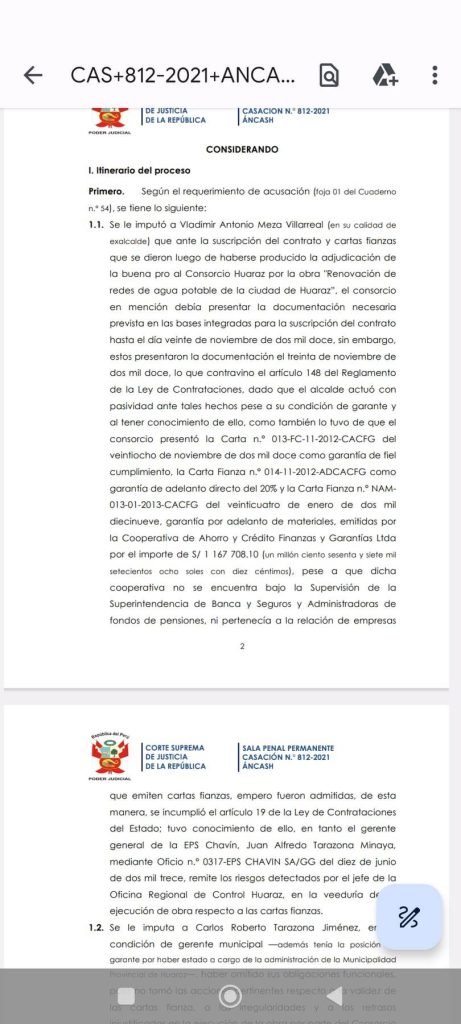 Corte Suprema ordenó a Ministerio Público y Poder Judicial de Áncash emitir sentencia contra Vladimir Meza por caso Consorcio Huaraz