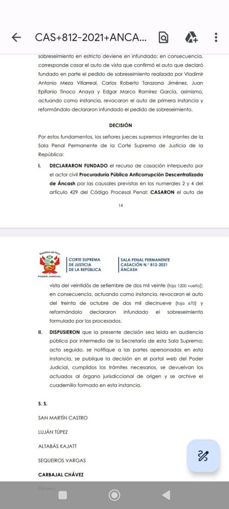 Corte Suprema ordenó a Ministerio Público y Poder Judicial de Áncash emitir sentencia contra Vladimir Meza por caso Consorcio Huaraz