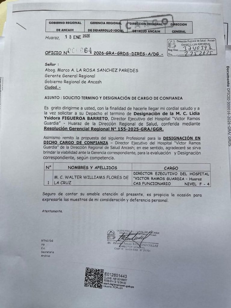 Titular de la DIRESA propone nuevo director de Hospital de Huaraz a médico con grave denuncia ante SUSALUD