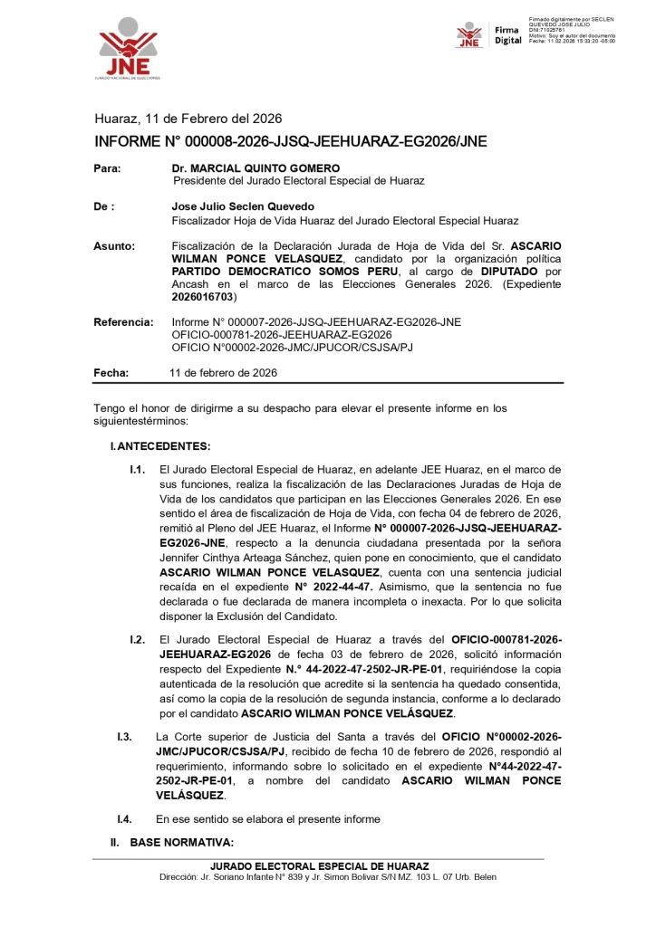 Fiscalizador de JEE - Huaraz informa que candidato a Diputado Willy Ponce no habría omitido información sobre sentencias judiciales